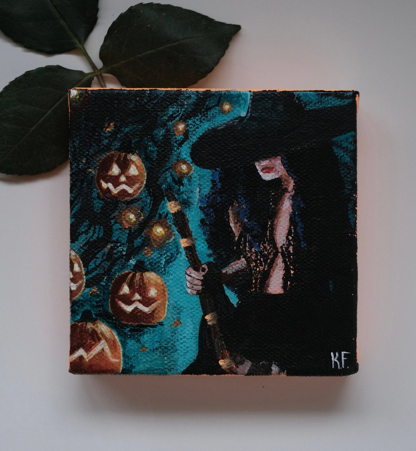 Halloween Girl - Tiny Original Canvas 4x4" - Pumpkins