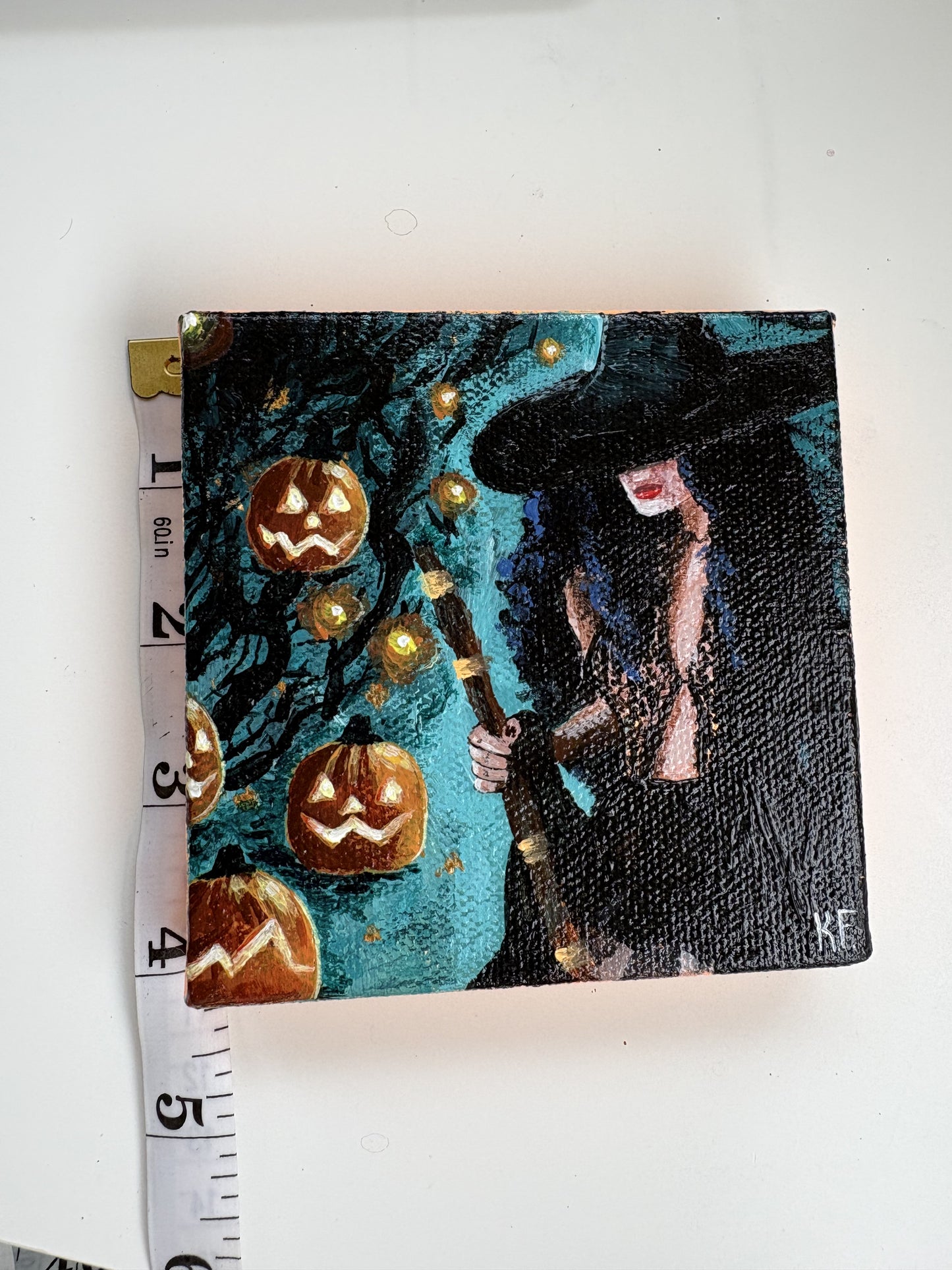 Halloween Girl - Tiny Original Canvas 4x4" - Pumpkins