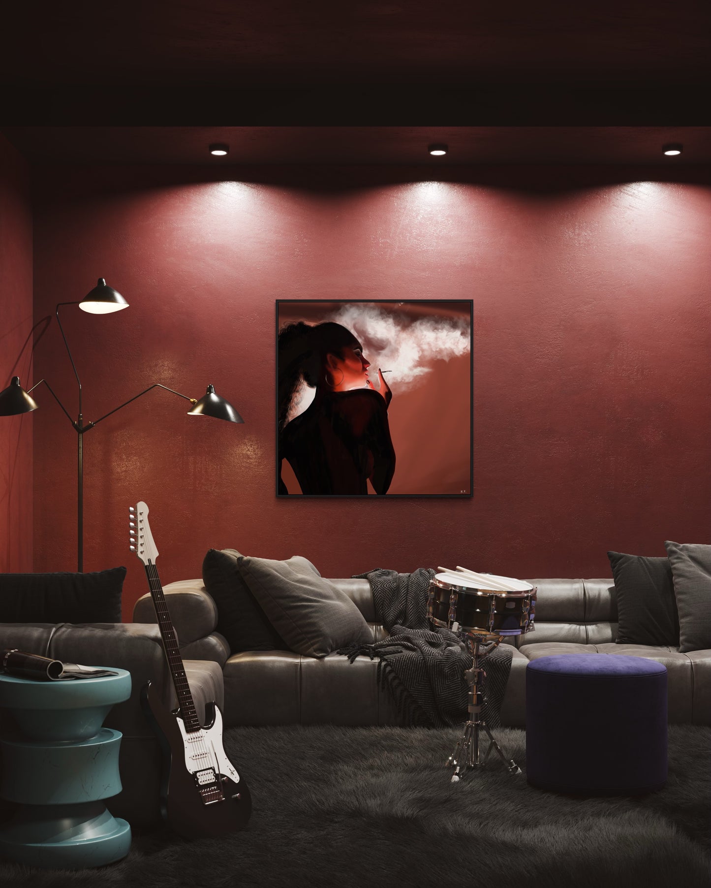 Moody Red Smoke: Stylish Woman Smoking Art Print