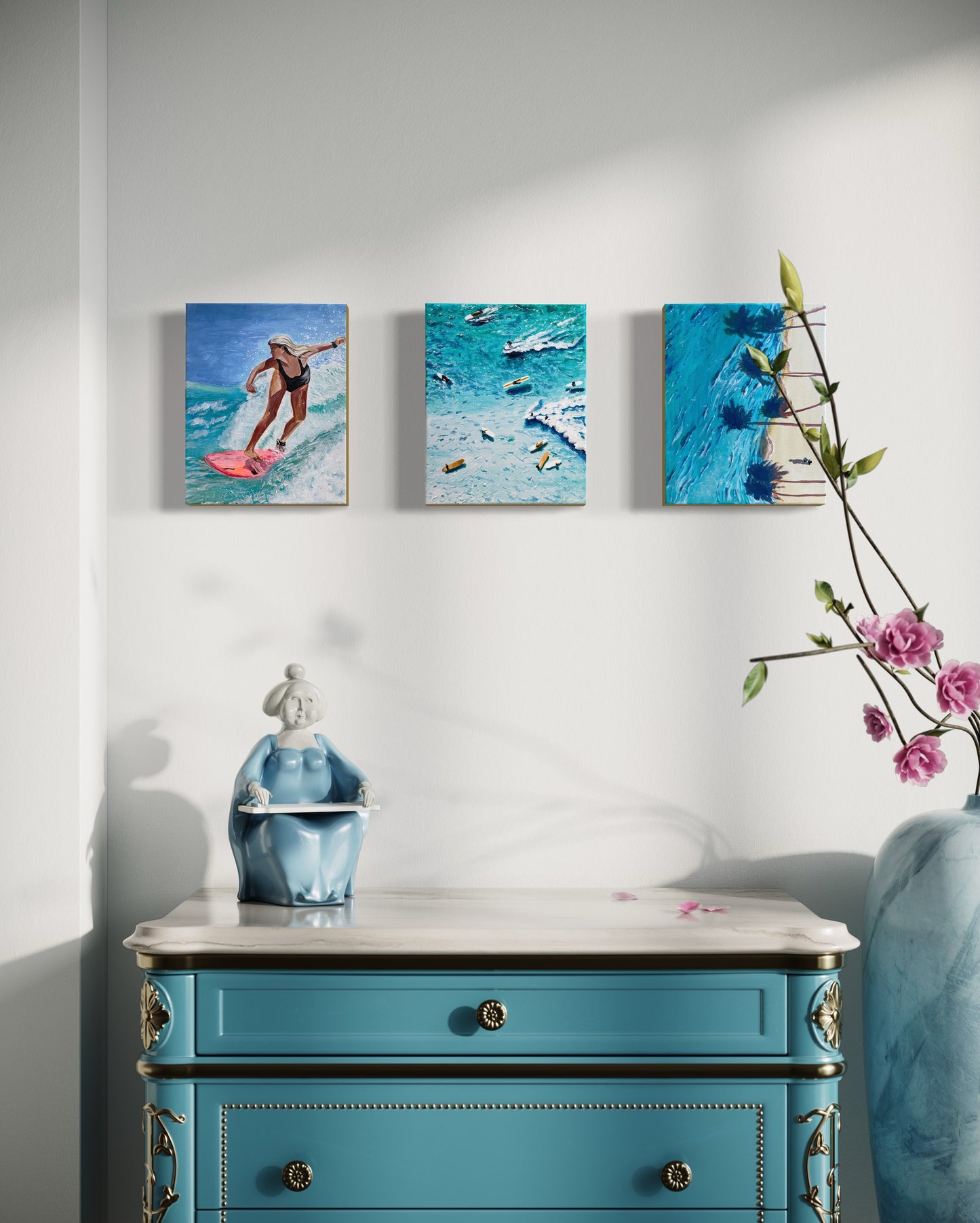 Surfer. Interior Wall Decor. Surfing. Original Painting on Canvas. 8x10 Inches.